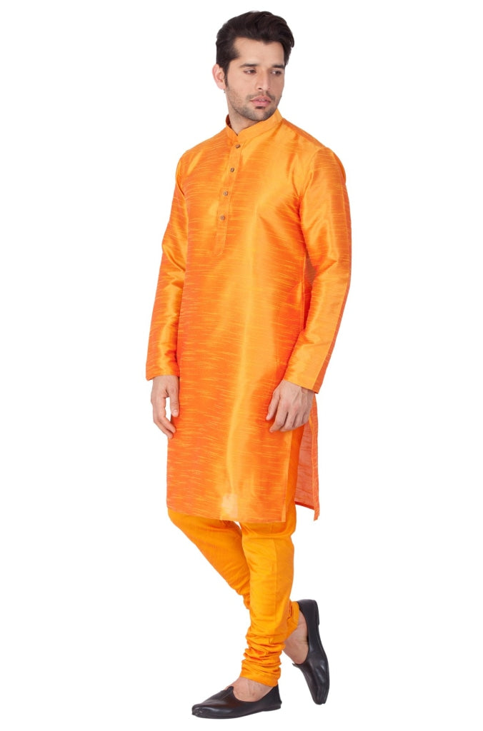 VM BY VASTRAMAY Men's Orange Cotton Silk Blend Kurta and Pyjama Set