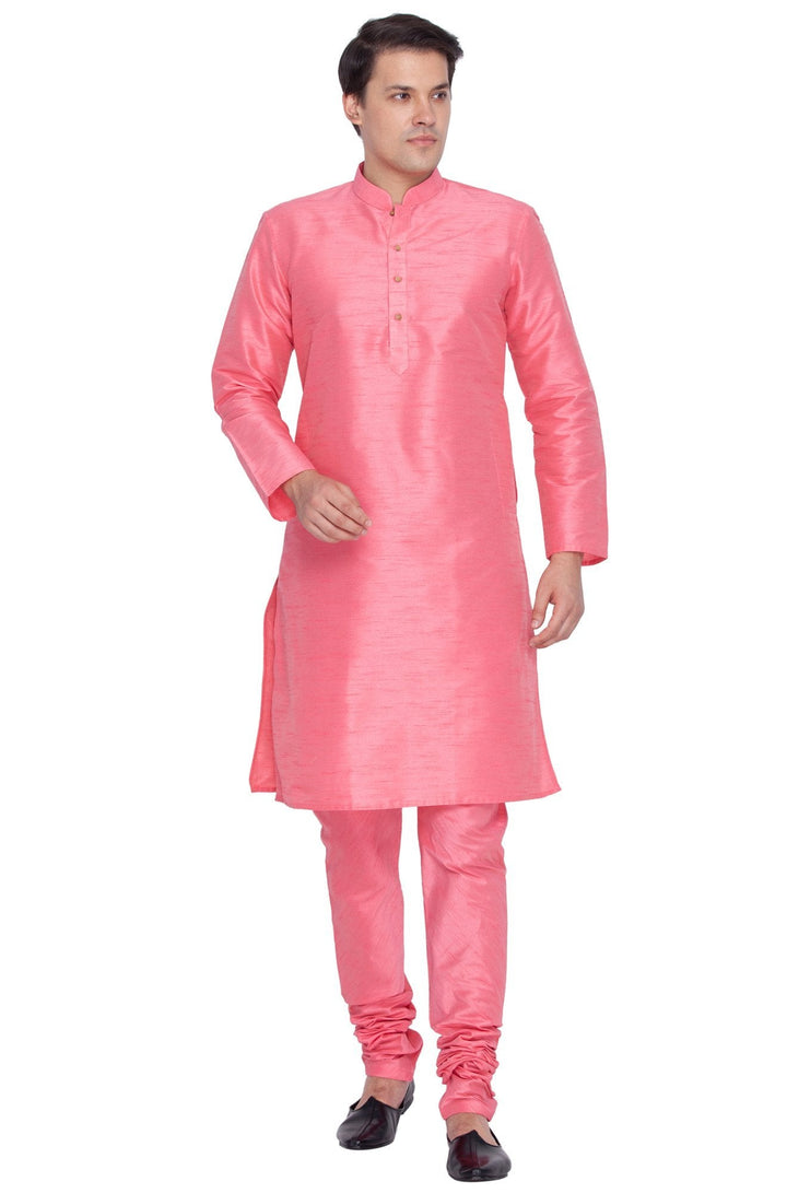 VM BY VASTRAMAY Men's Pink Cotton Silk Blend Kurta and Pyjama Set