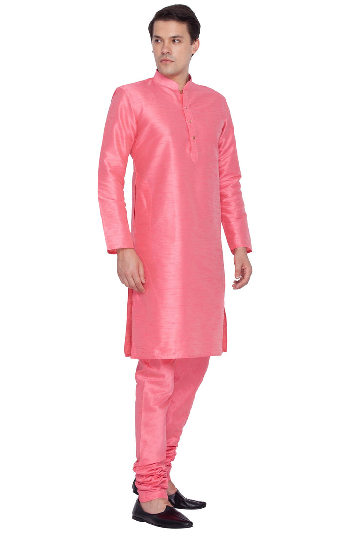 VM BY VASTRAMAY Men's Pink Cotton Silk Blend Kurta and Pyjama Set