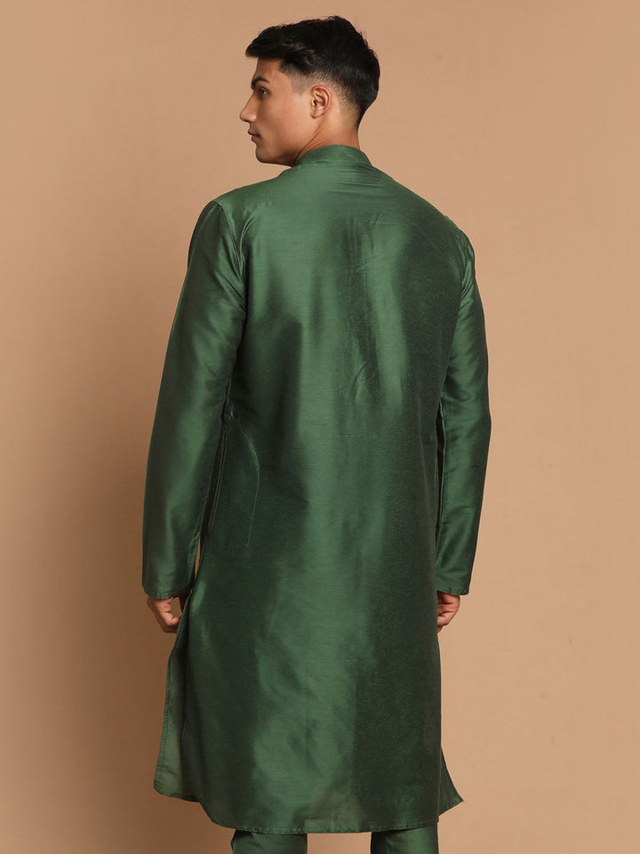 VASTRAMAY Men's Green Cotton Silk Blend Kurta