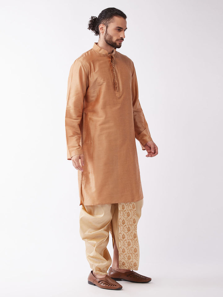 VASTRAMAY Men Rose Gold Kurta with Embroidered Dhoti