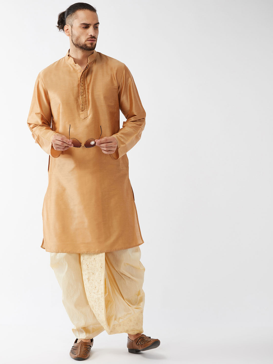 VASTRAMAY Men's Rose Gold And Gold Cotton Silk Blend Kurta And Dhoti Set