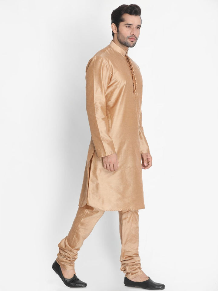 VASTRAMAY Men's Gold Cotton Silk Blend Kurta and Churidar Set