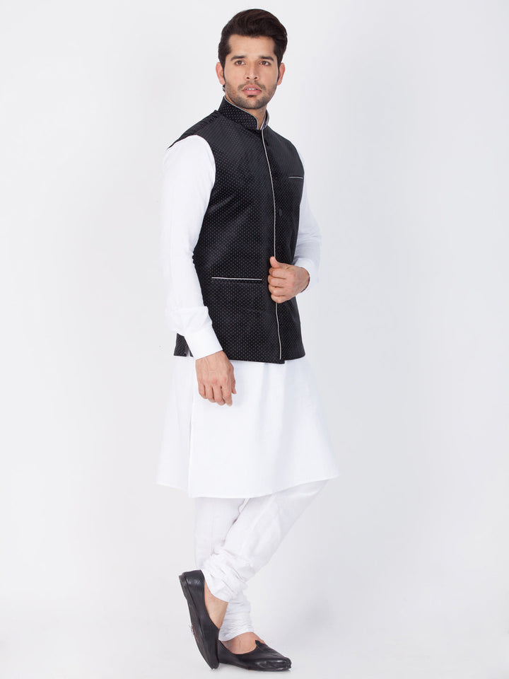 Vastramay Cotton White And Black Baap Beta Jacket Kurta Pyjama set