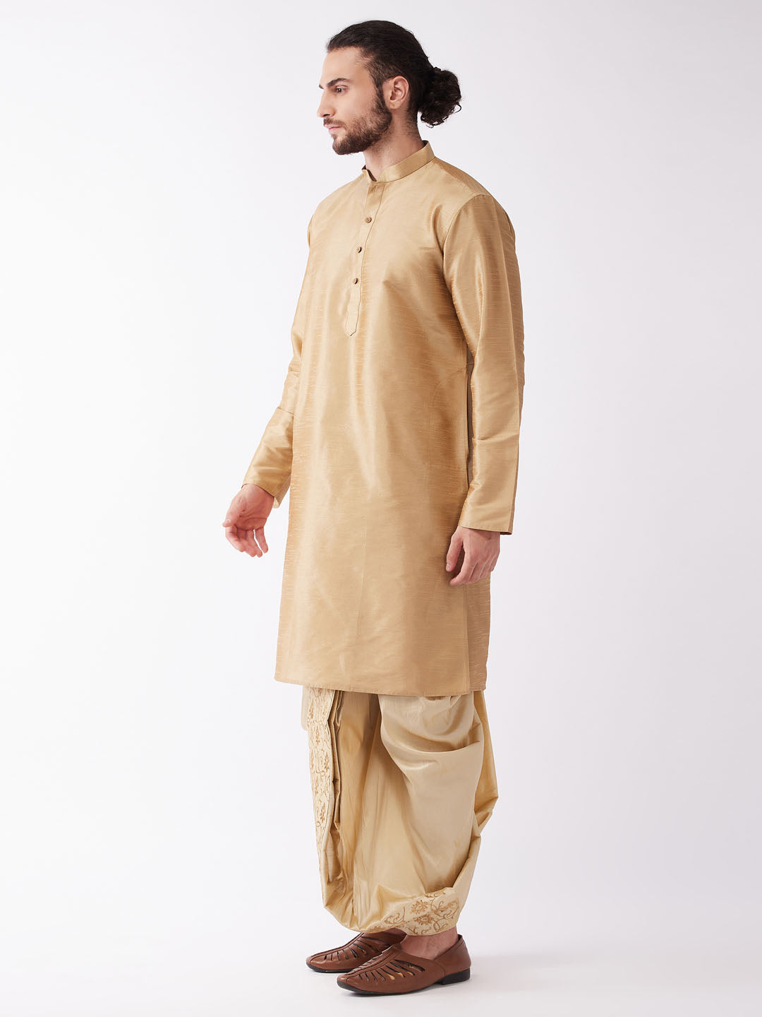 Men's Rose Gold And Gold Silk Blend Kurta And Dhoti Set