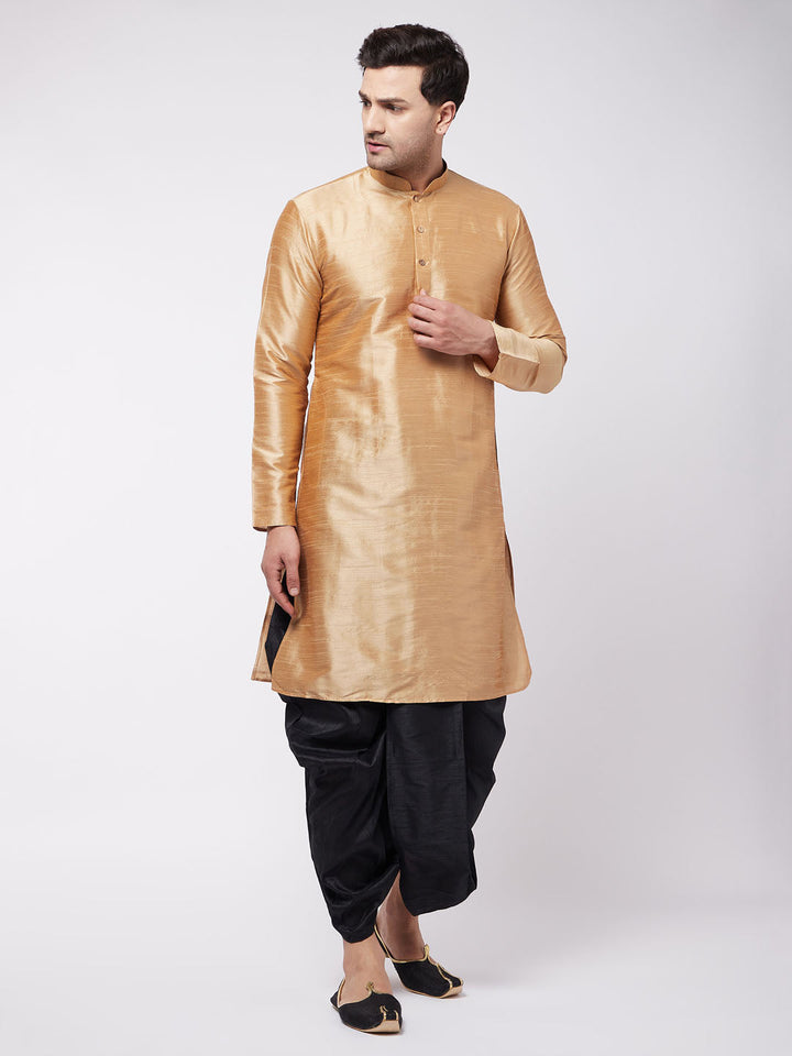 VM BY VASTRAMAY Men's Rose Gold And Black Silk Blend Kurta And Dhoti Set