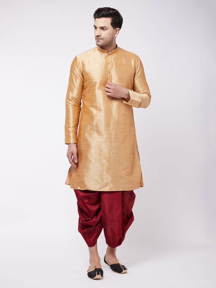 VM BY VASTRAMAY Men's Rose Gold And Maroon Silk Blend Kurta And Dhoti Set