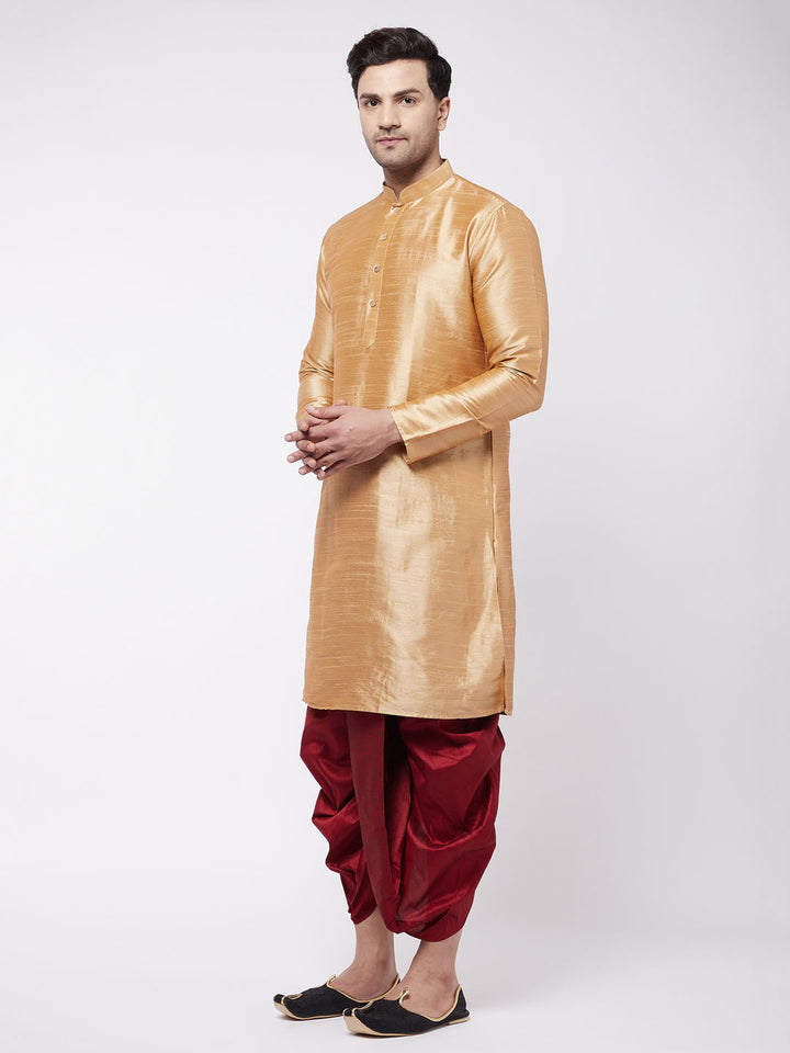 VM BY VASTRAMAY Men's Rose Gold And Maroon Silk Blend Kurta And Dhoti Set