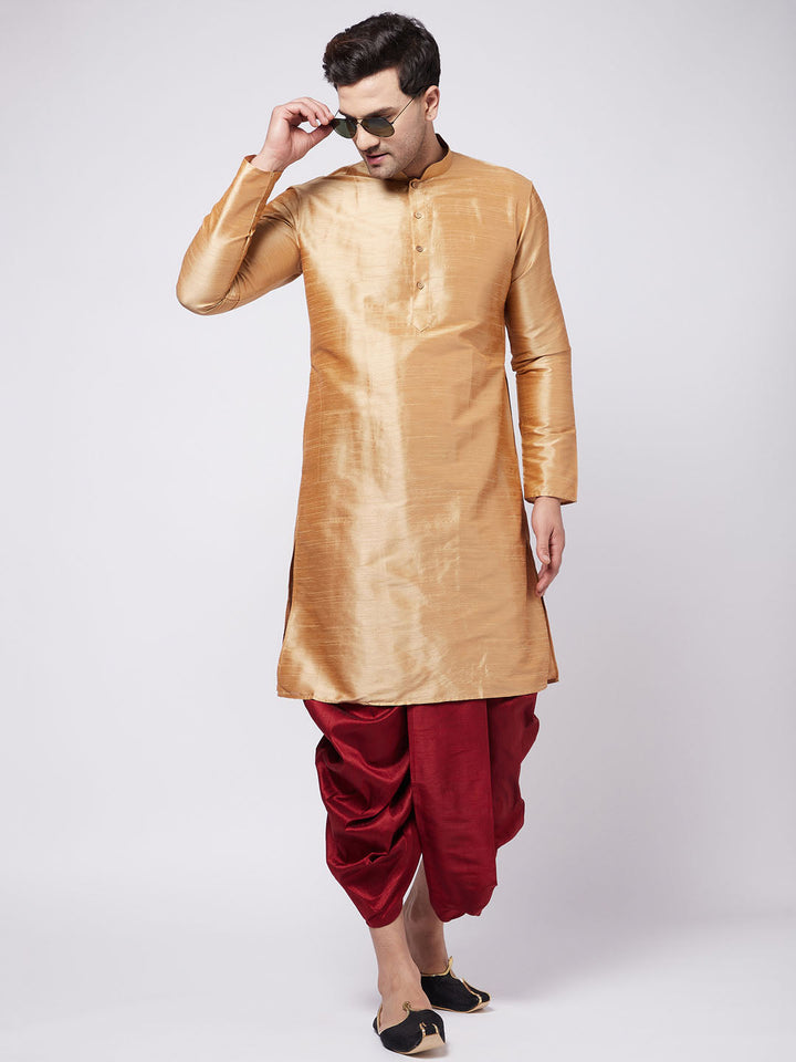 VM BY VASTRAMAY Men's Rose Gold And Maroon Silk Blend Kurta And Dhoti Set