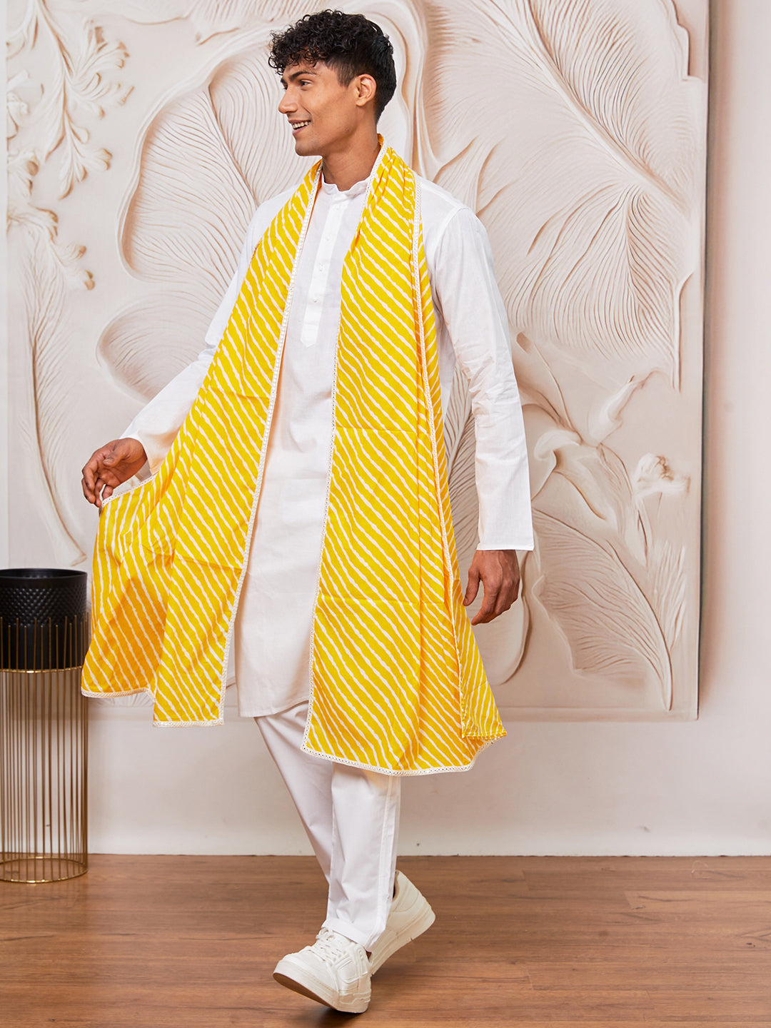 Men's White Cotton  Kurta,Pyjama And Dupatta Set
