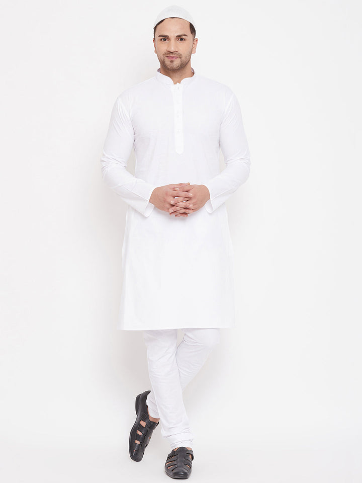 VASTRAMAY Men's White Cotton Blend Kurta Pyjama Set With A Prayer Cap