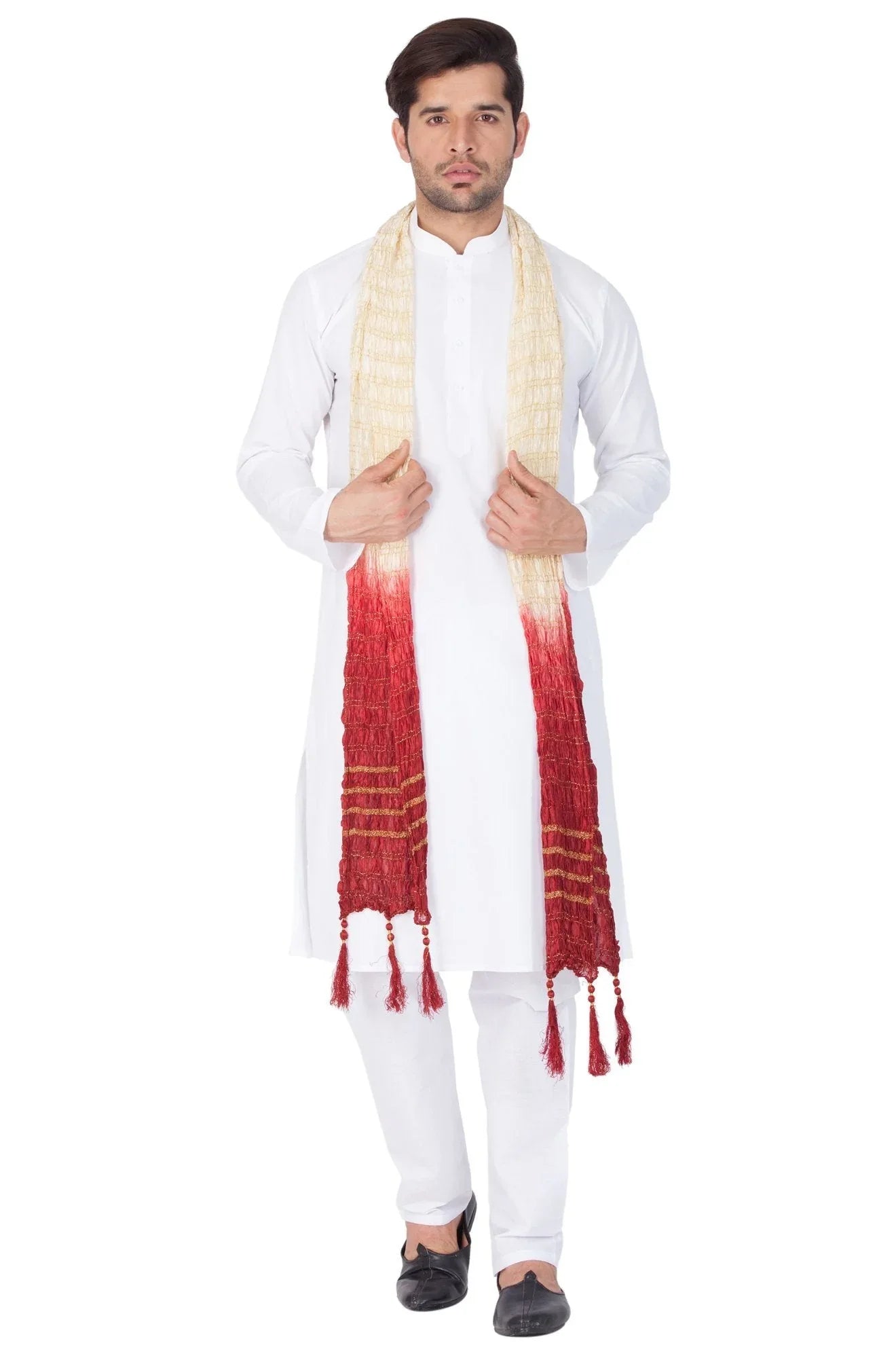 VASTRAMAY Men's White Cotton Kurta, Pyjama & Dupatta Set