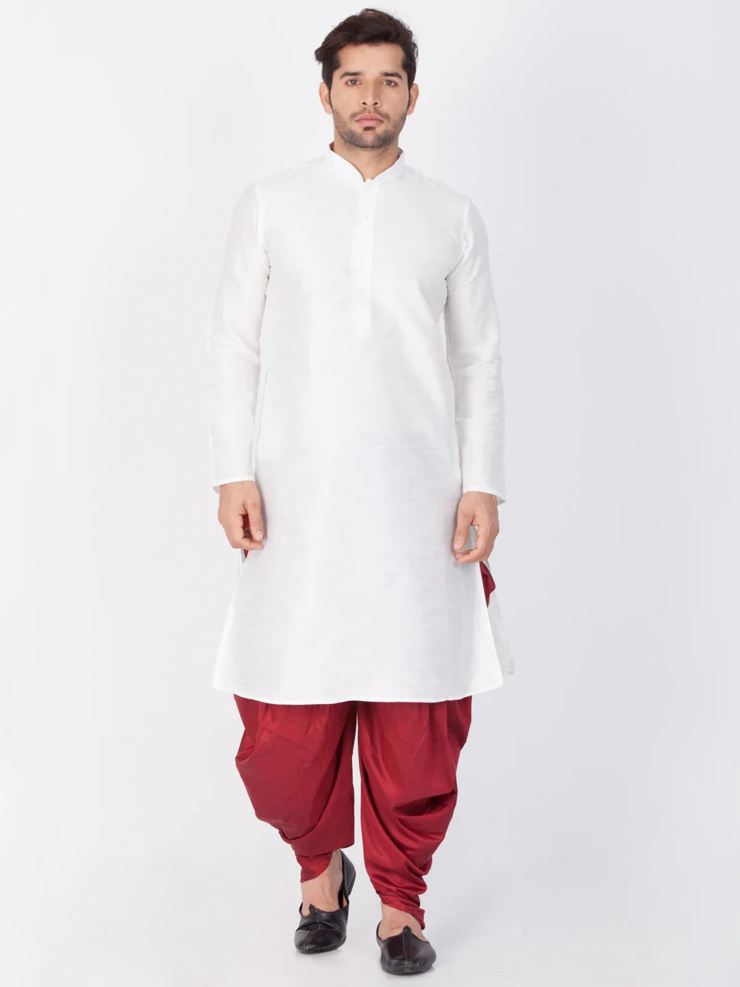 VASTRAMAY Men's White Cotton Silk Blend Kurta and Dhoti Pant Set