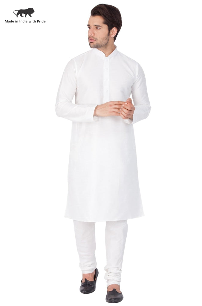 VM BY VASTRAMAY Men's White Cotton Silk Blend Kurta and Pyjama Set