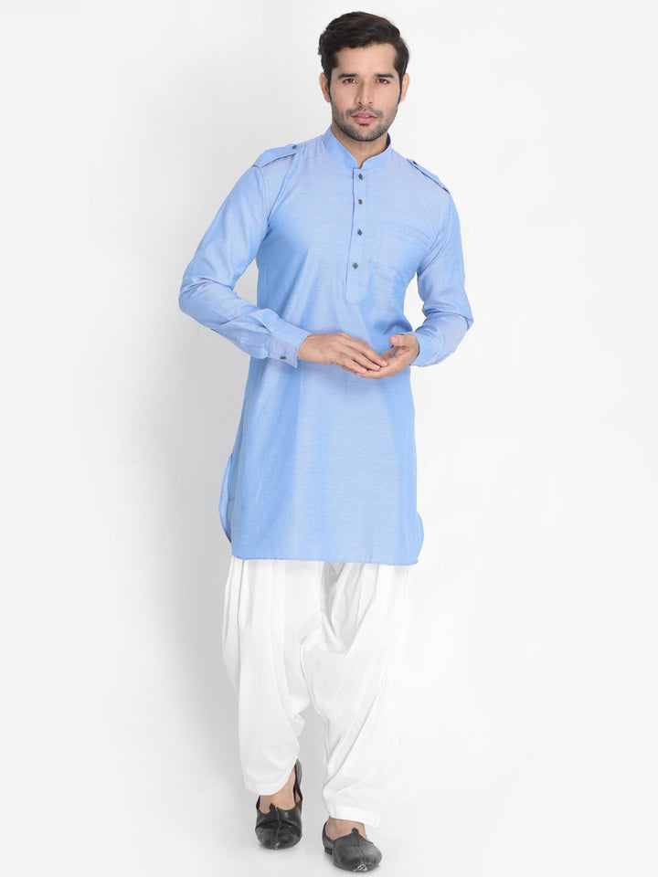 VASTRAMAY Men's Blue Cotton Blend Kurta and Patiala Set