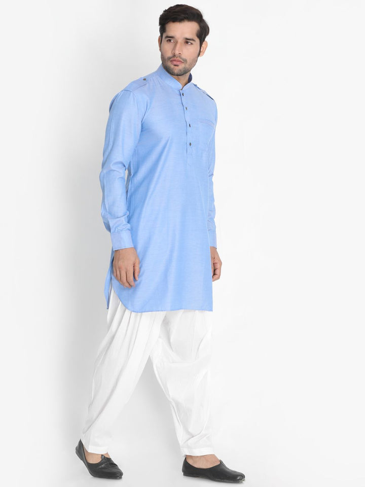 VASTRAMAY Men's Blue Cotton Blend Kurta and Patiala Set