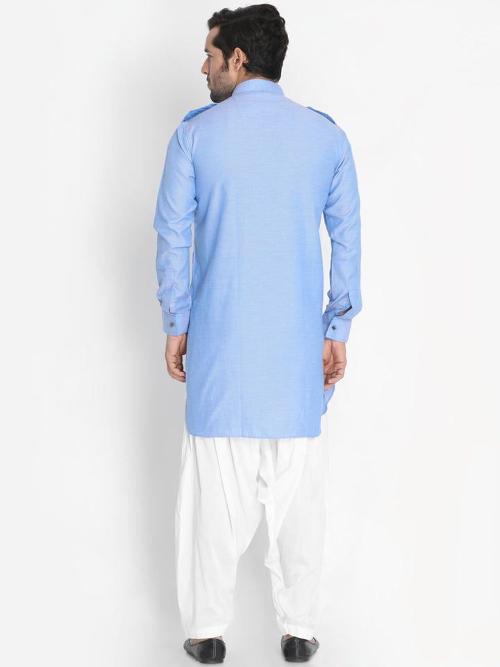 VASTRAMAY Men's Blue Cotton Blend Kurta and Patiala Set