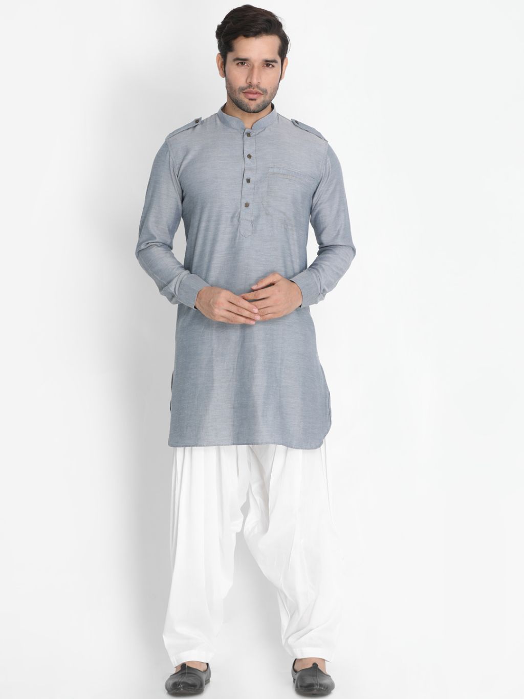 VASTRAMAY Men's Grey Cotton Blend Kurta and Patiala Set