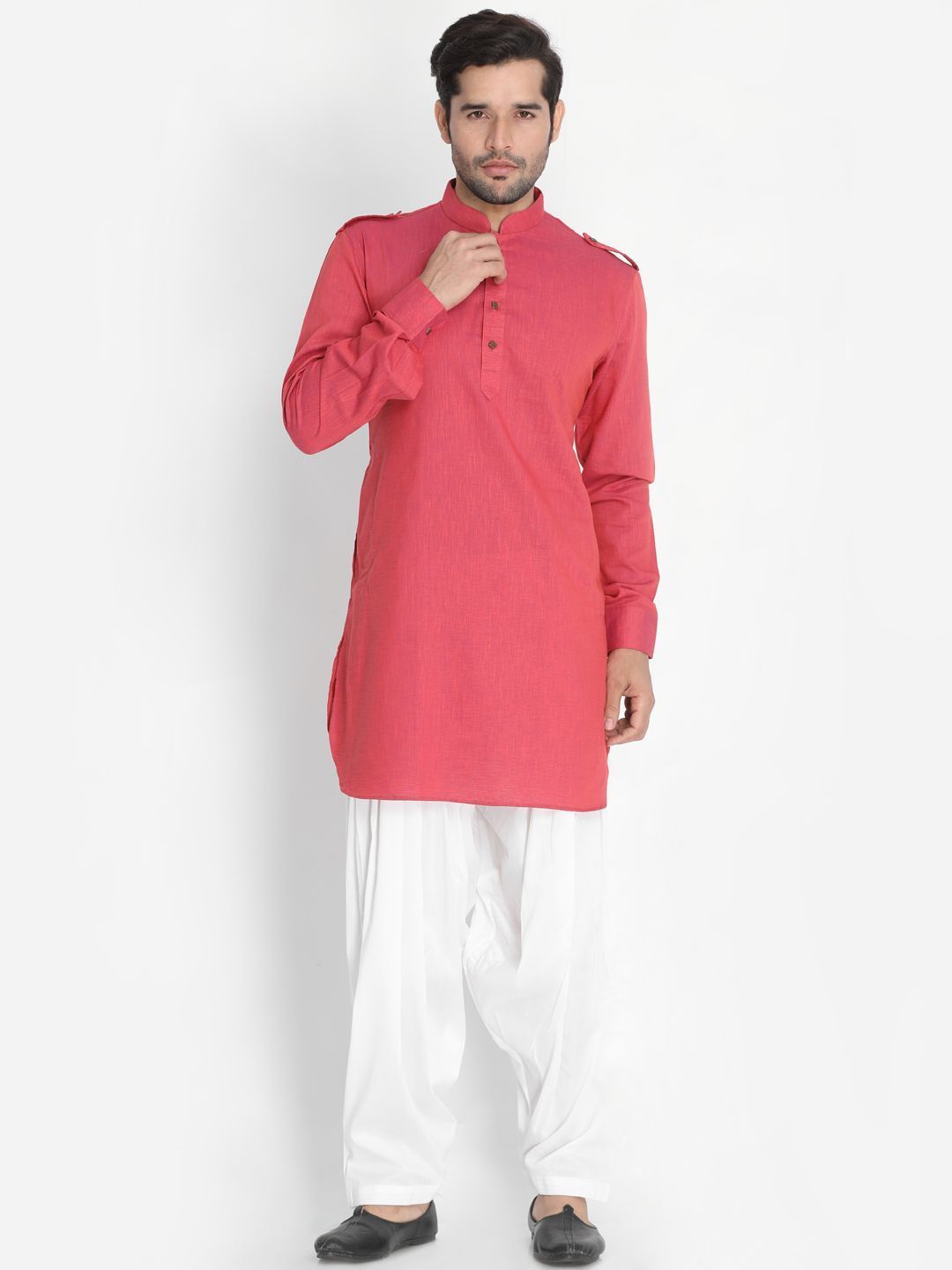 VASTRAMAY Men's Maroon Cotton Blend Kurta and Patiala Set