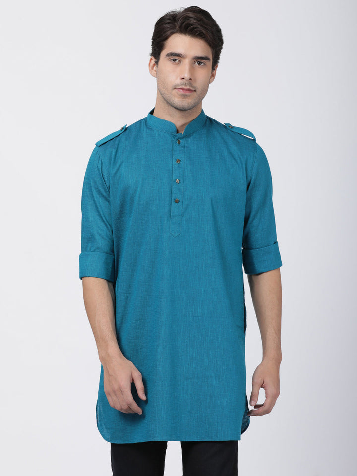 VASTRAMAY Men's Turquoise Cotton Kurta