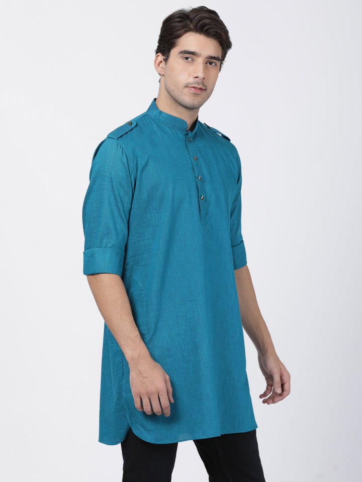 VASTRAMAY Men's Turquoise Cotton Kurta