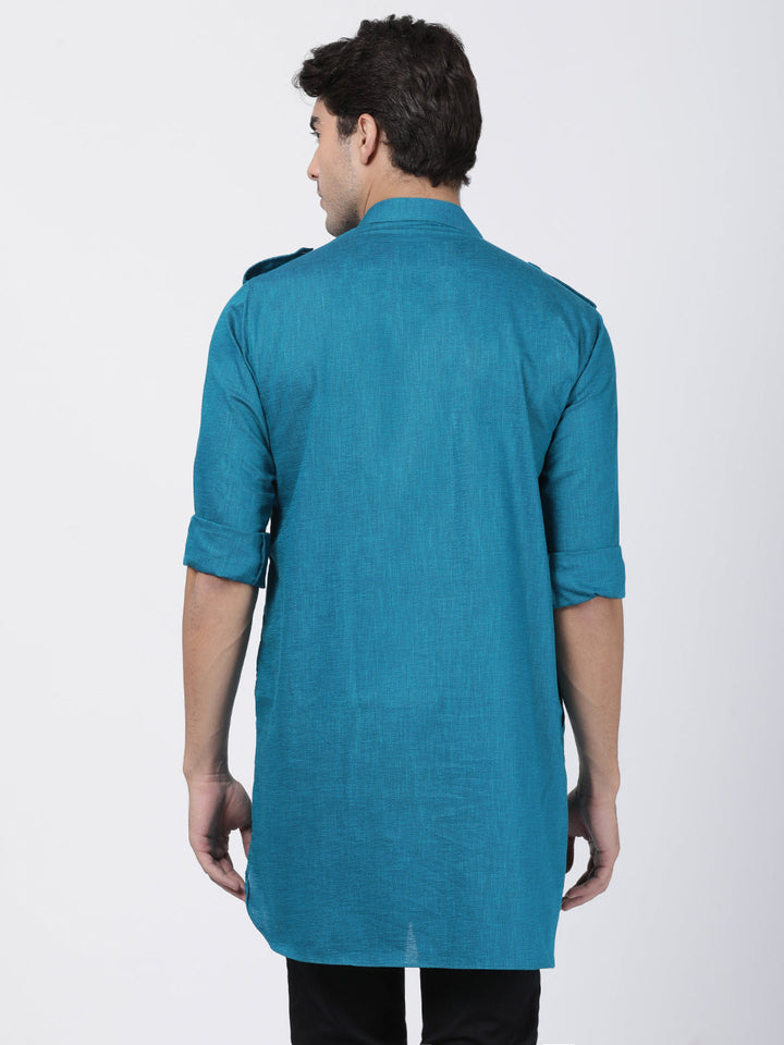 VASTRAMAY Men's Turquoise Cotton Kurta