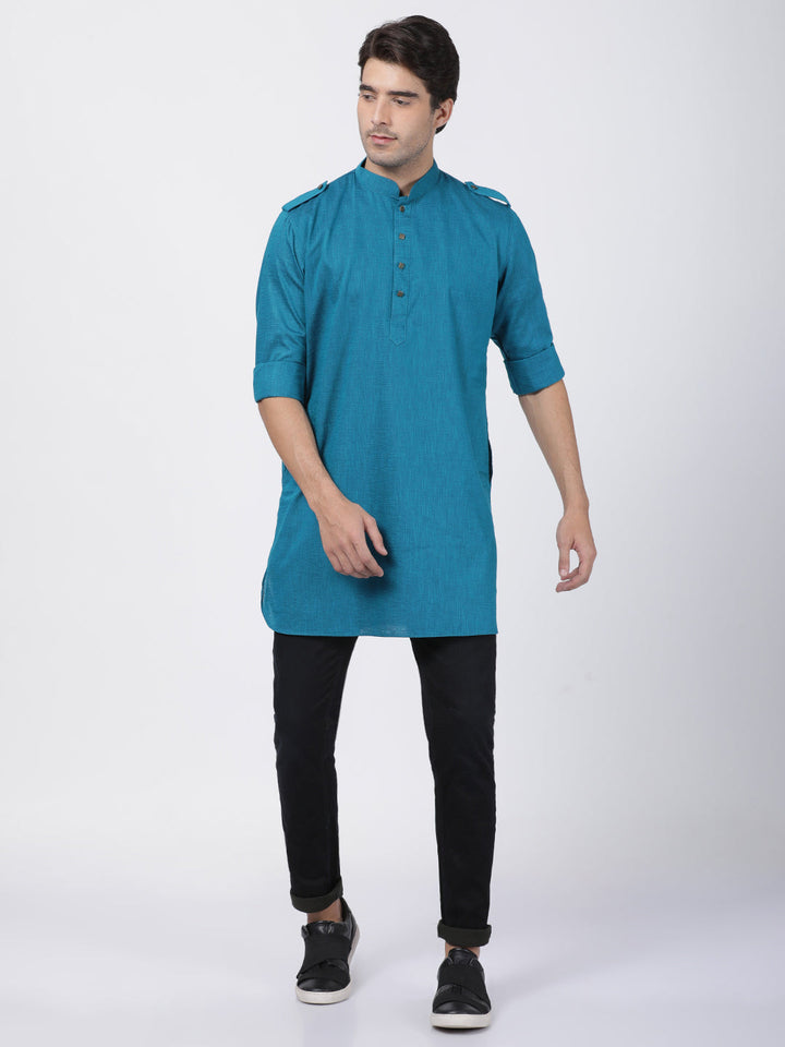 VASTRAMAY Men's Turquoise Cotton Kurta