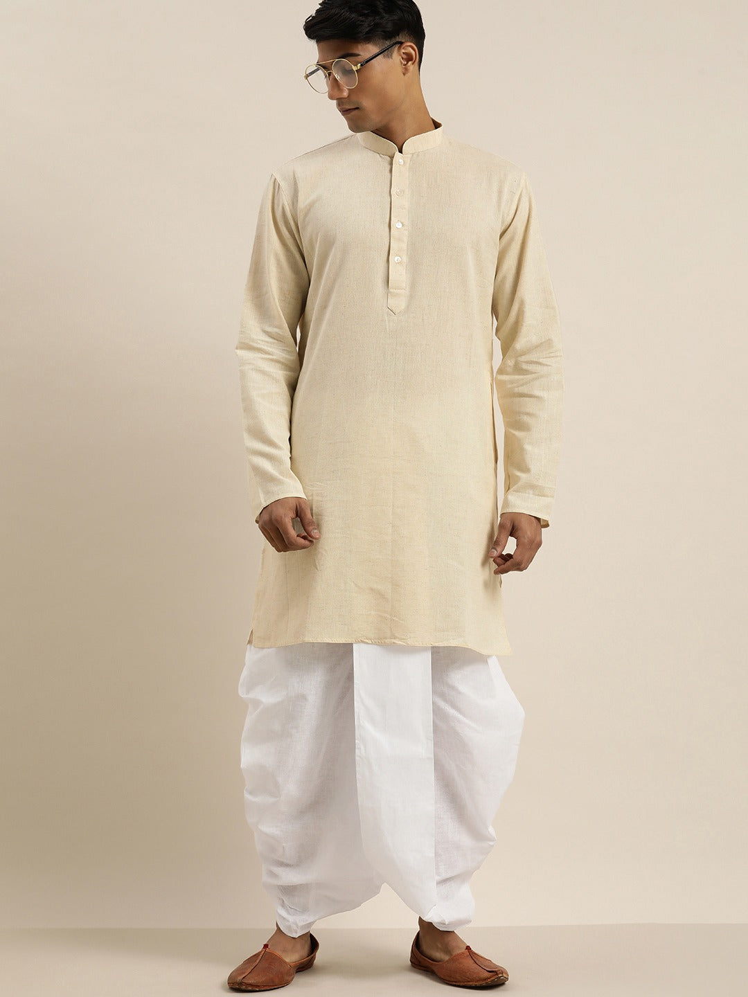 VASTRAMAY Men's Beige Pure Cotton Kurta with Dhoti Pant Set