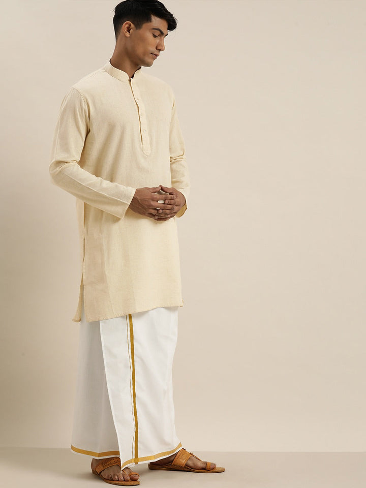 VASTRAMAY Men Cream Pure Cotton Kurta with Mundu