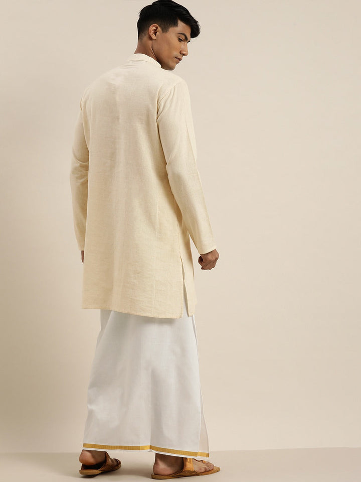 VASTRAMAY Men Cream Pure Cotton Kurta with Mundu