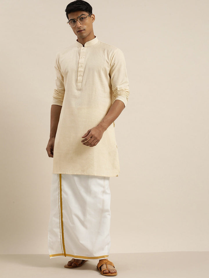 VASTRAMAY Men Cream Pure Cotton Kurta with Mundu