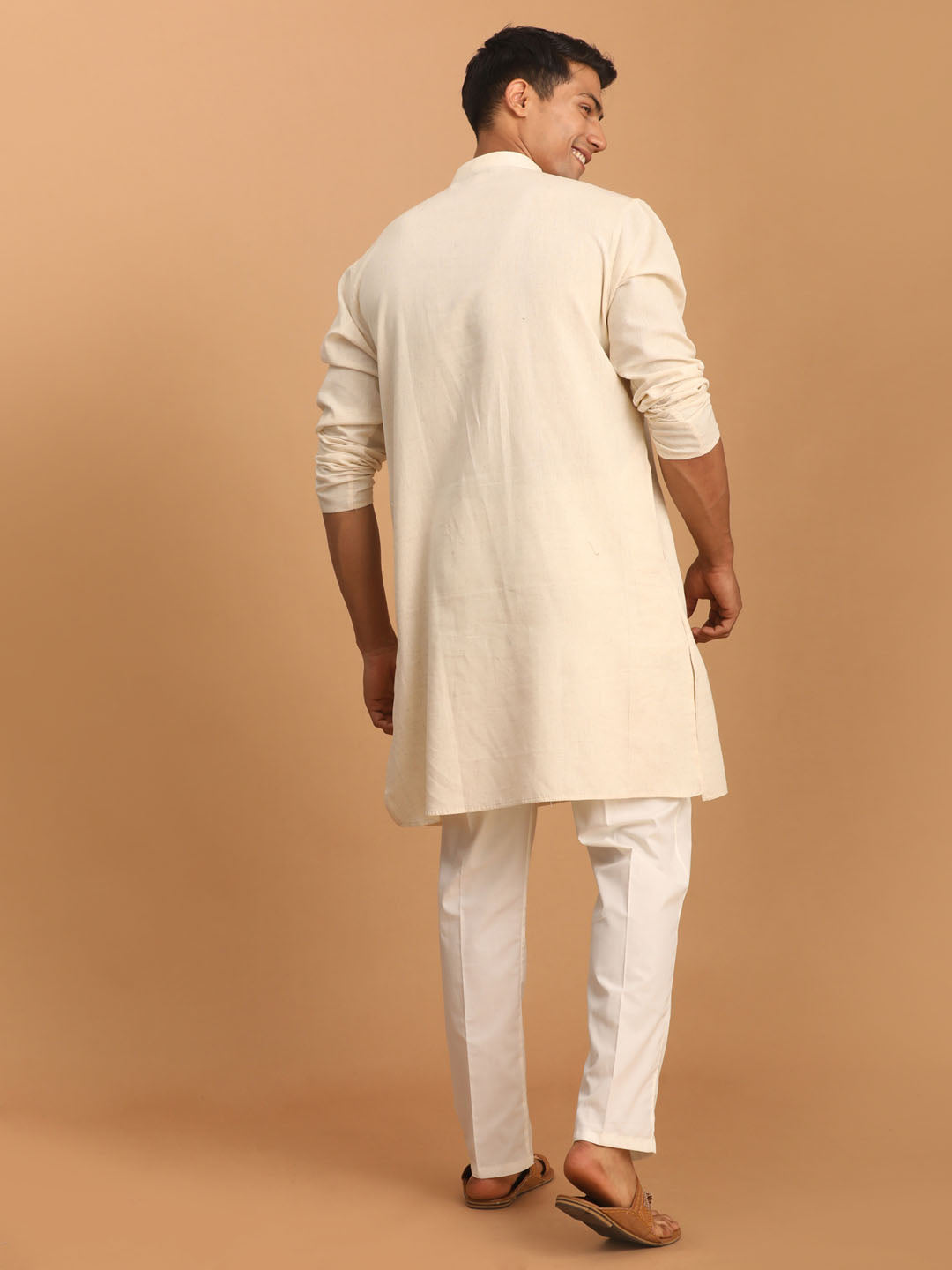 VASTRAMAY Men's Cream Cotton Kurta with Cream Pant Set