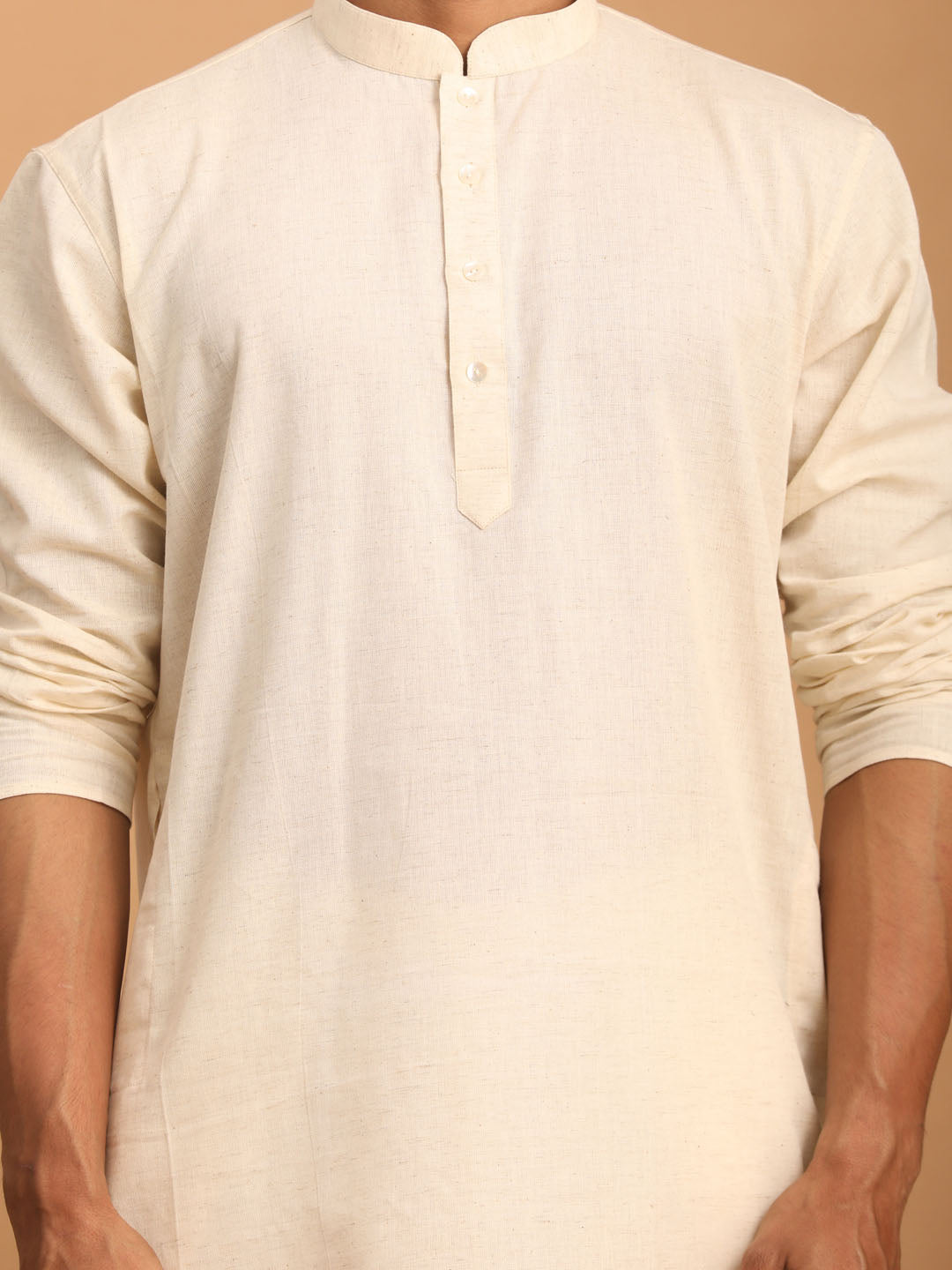 VASTRAMAY Men's Cream Cotton Kurta with Cream Pant Set