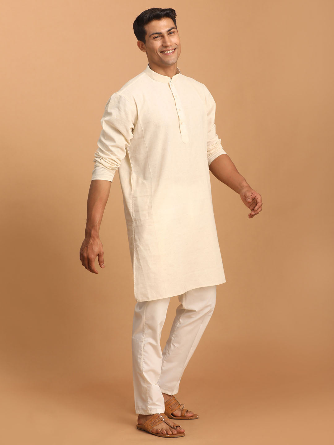 VASTRAMAY Men's Cream Cotton Kurta with Cream Pant Set