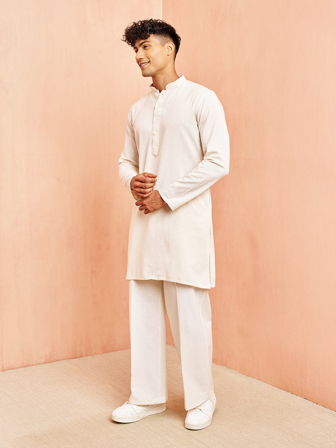 Men's Cream Mid Length Kurta with White Pant Set
