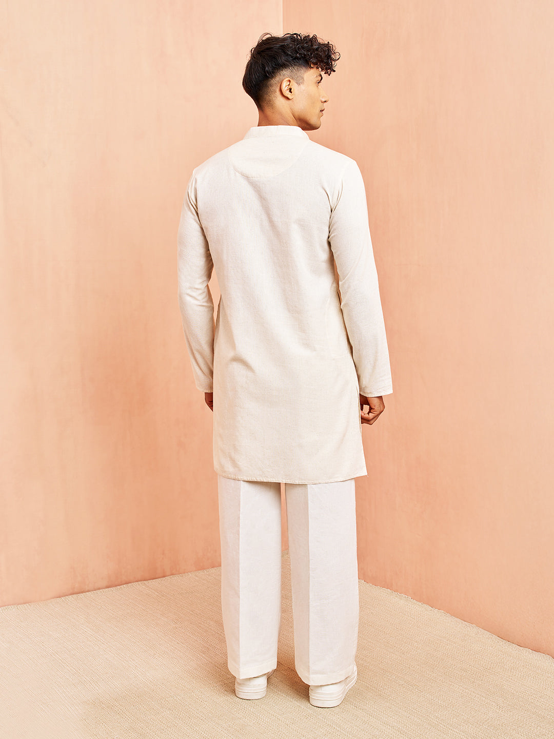 Men's Cream Mid Length Kurta with White Pant Set