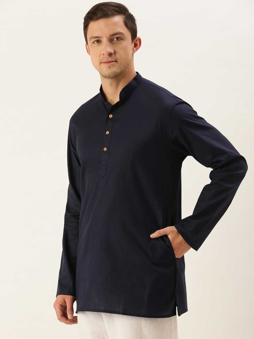 VASTRAMAY Men's Navy Blue Cotton Kurta