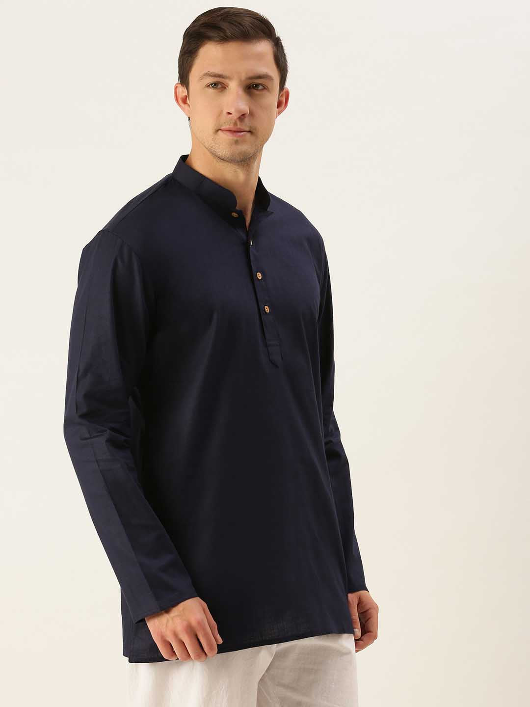 VASTRAMAY Men's Navy Blue Cotton Kurta