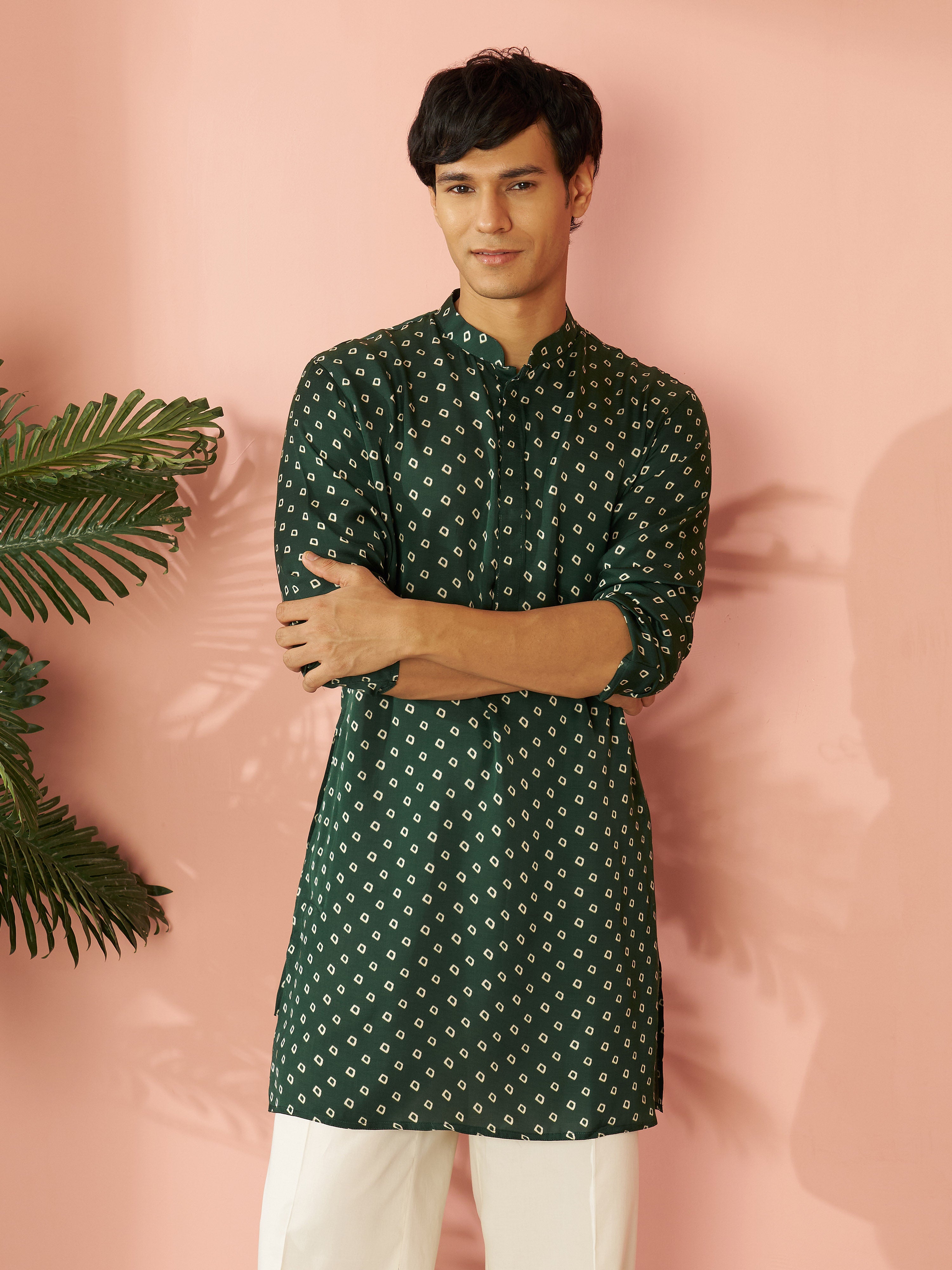 Men's Bottle Green Silk Blend Bandhani Digital Print Mid-Length Kurta