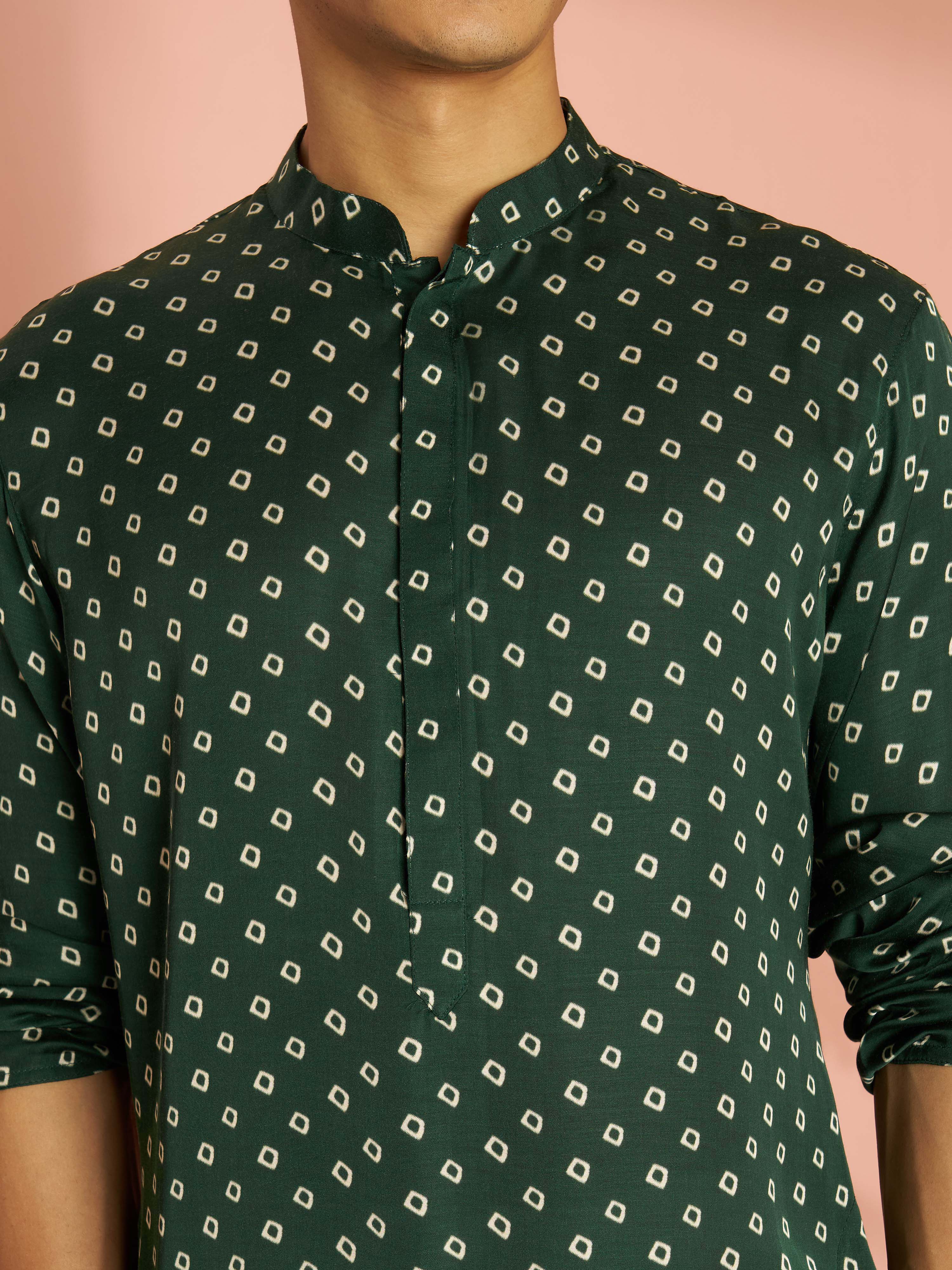 Men's Bottle Green Silk Blend Bandhani Digital Print Mid-Length Kurta