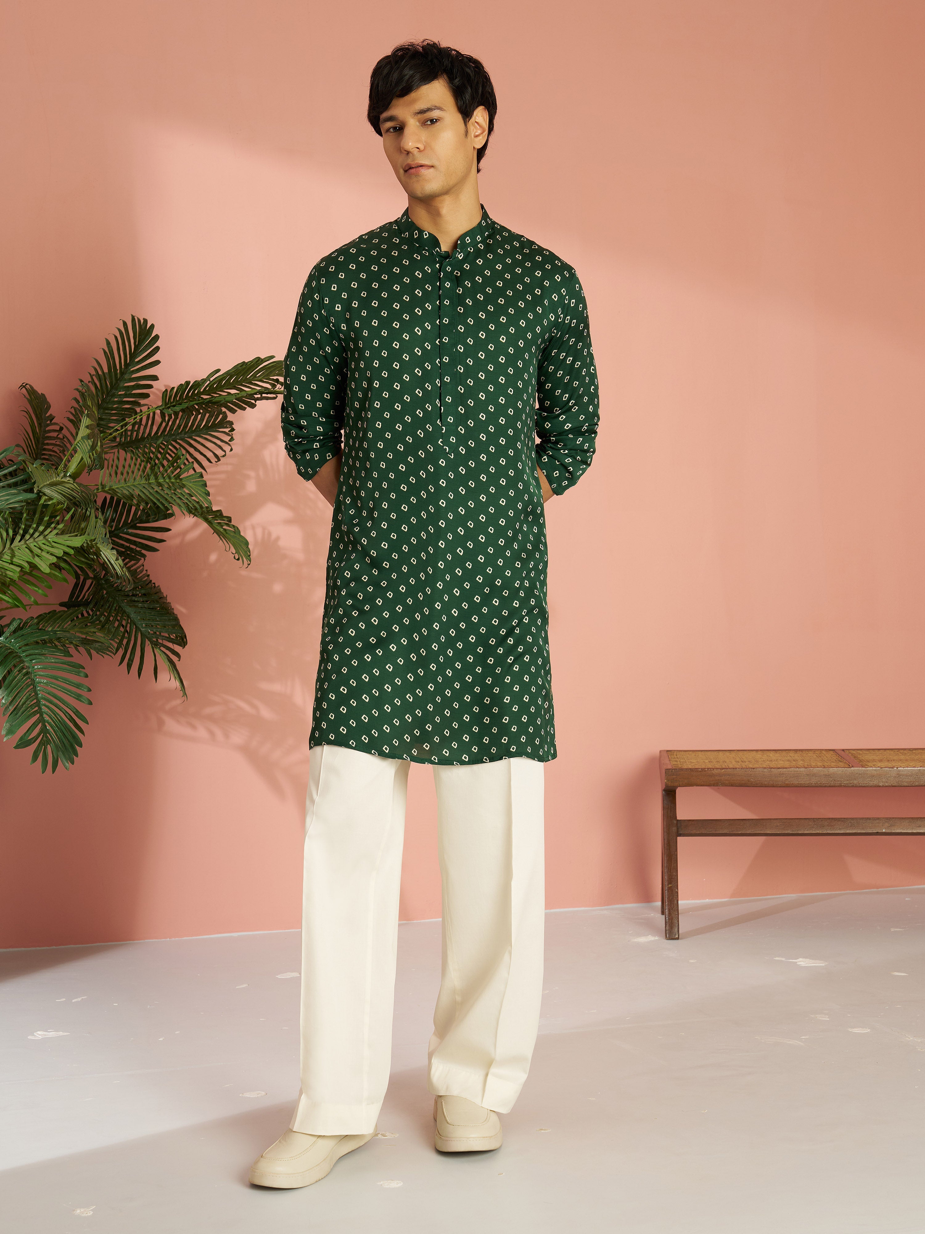 Men's Bottle Green Silk Blend Bandhani Kurta with Cream Wide Leg Palazzo Set