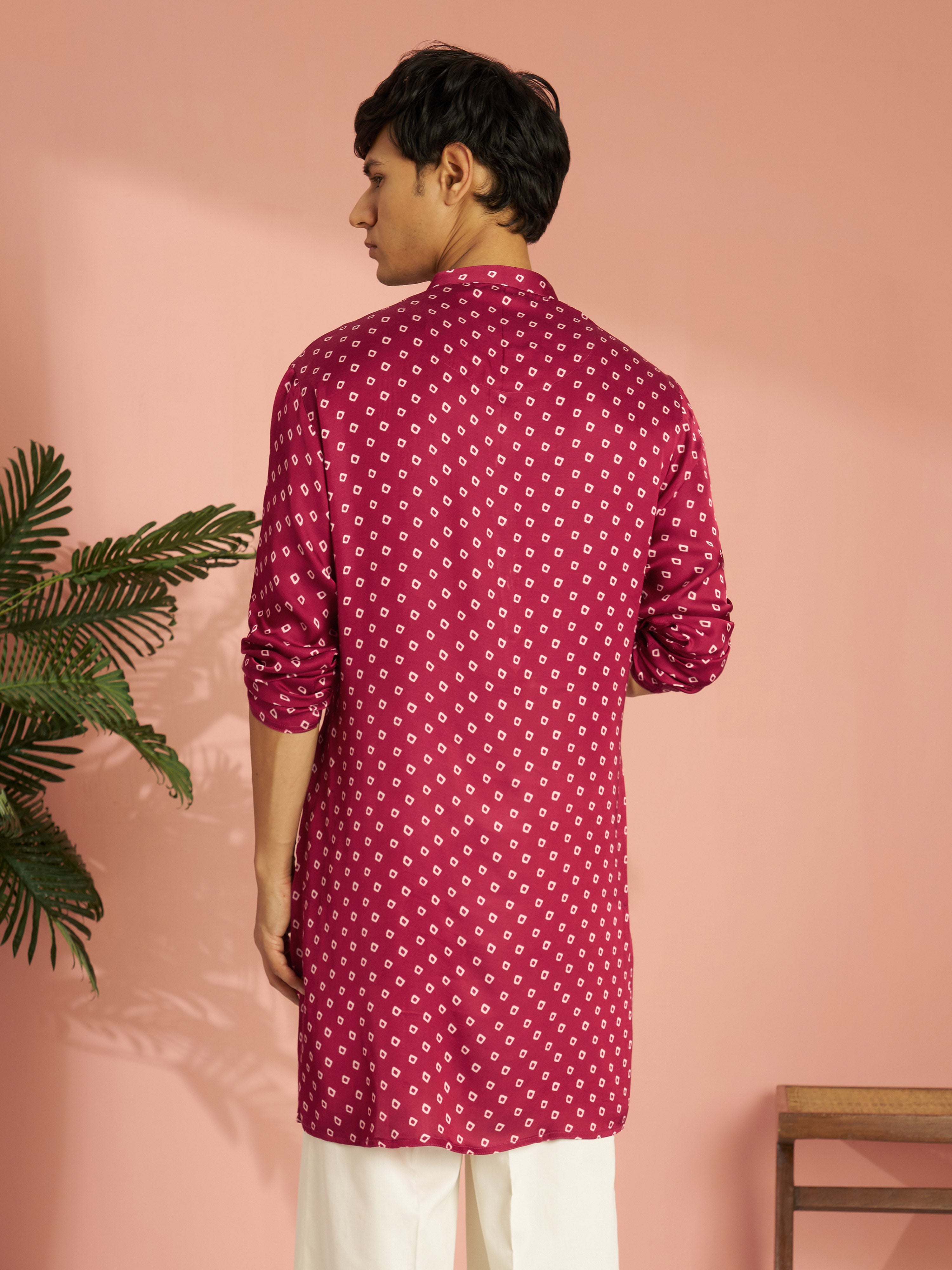 Men's Falsa Silk Blend Bandhani Digital Print Mid-Length Kurta