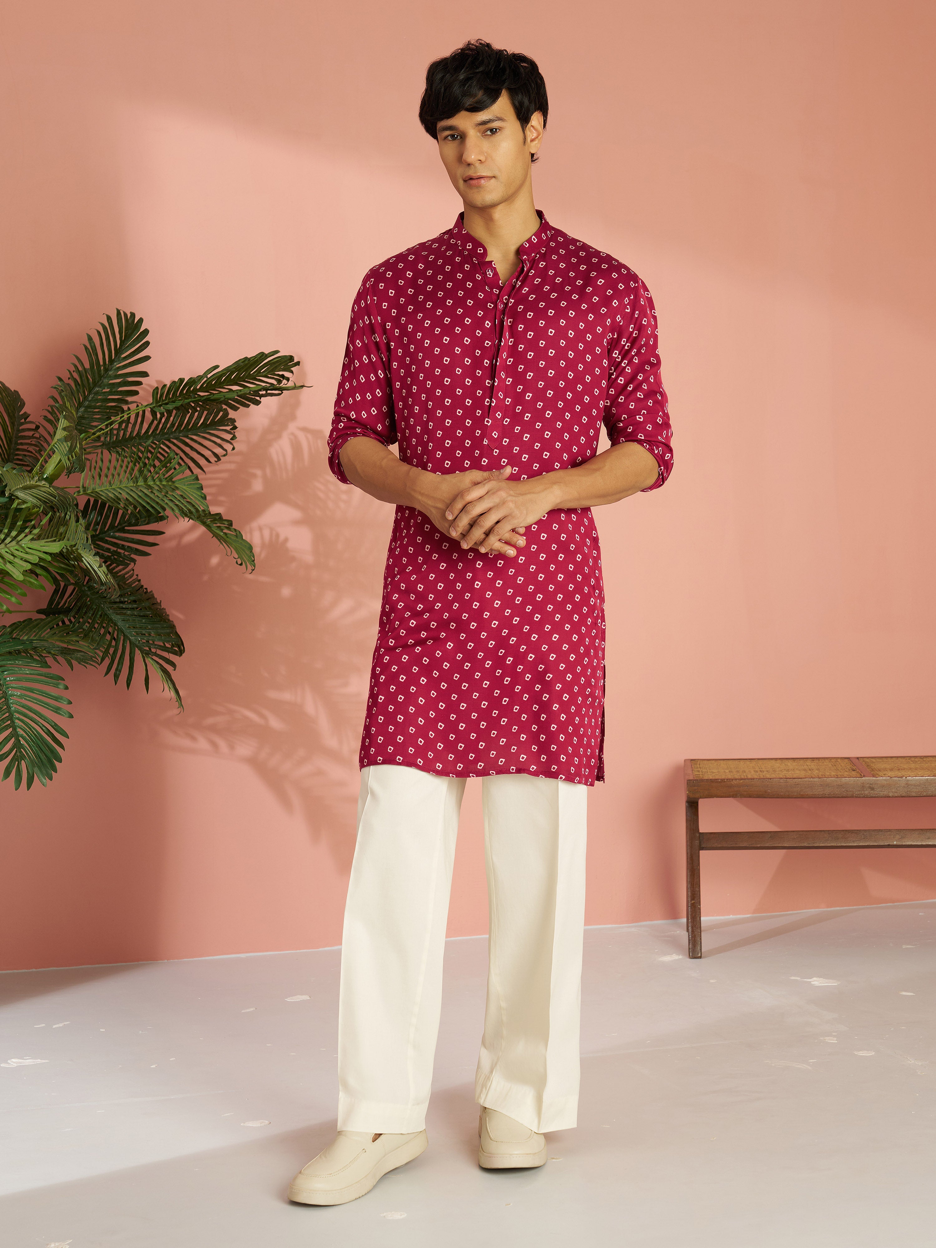 Men's Falsa Silk Blend Bandhani Kurta with Cream Wide Leg Palazzo Set