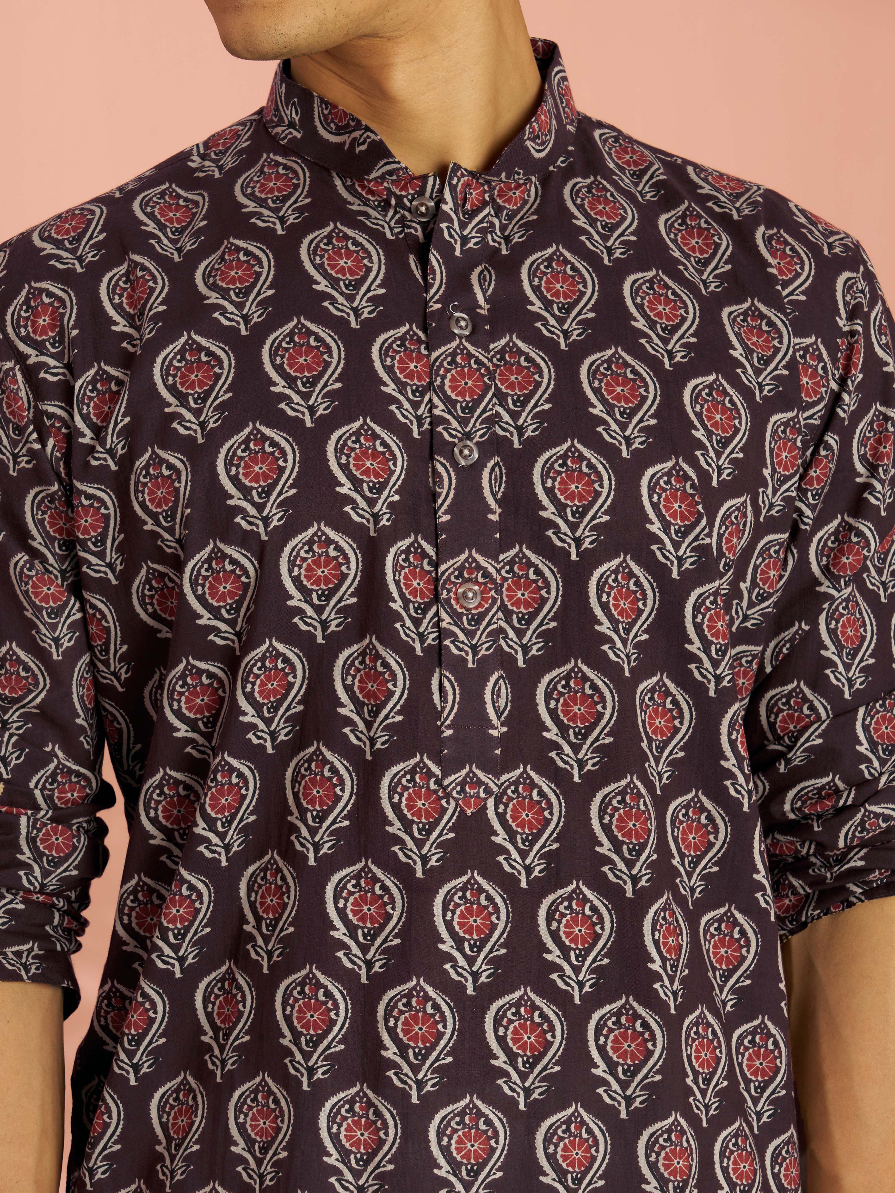 Men's Coffee Brown Cotton Ethnic Motif Printed Mid-Length Kurta