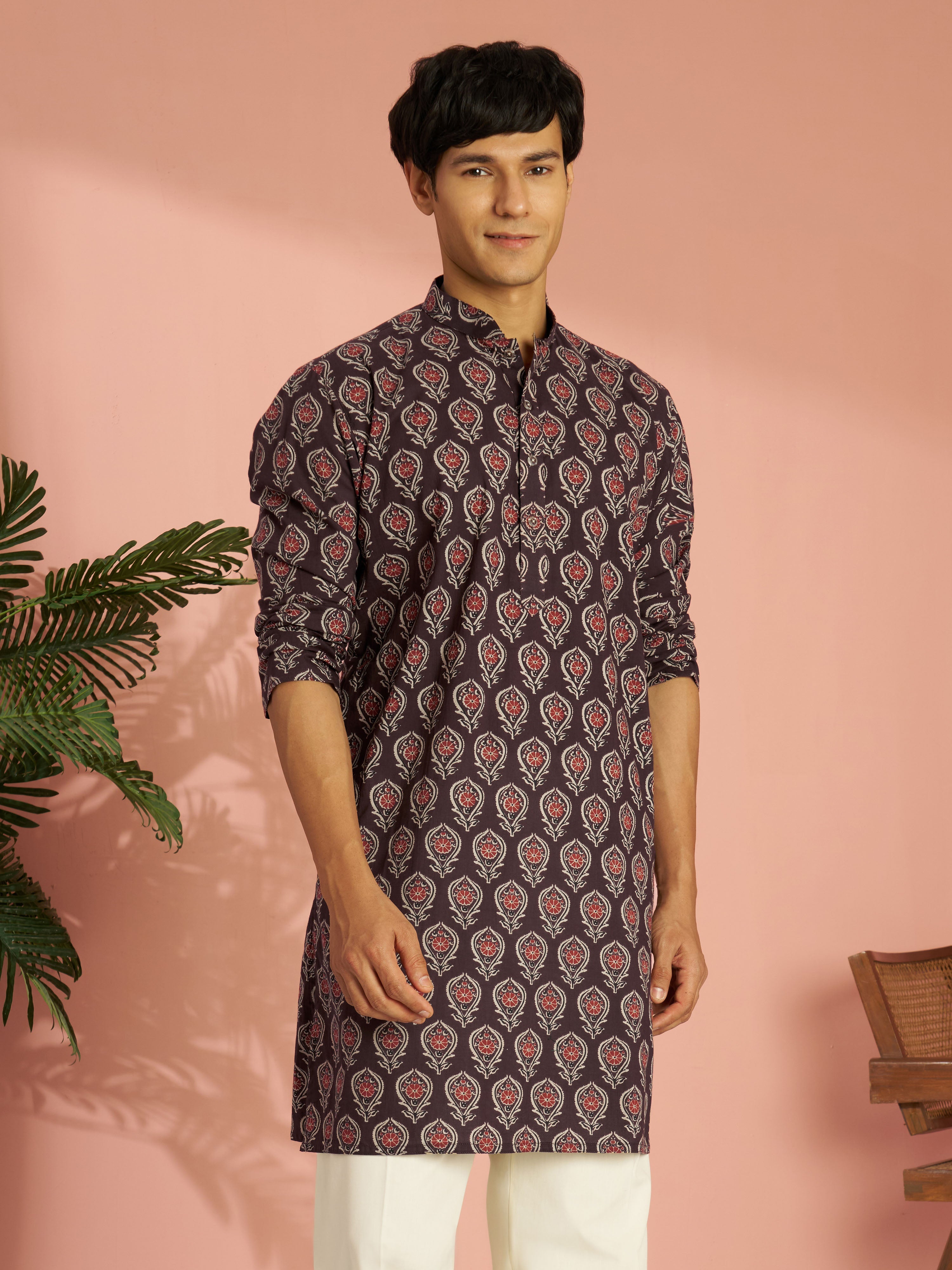 Men's Coffee Brown Cotton Ethnic Motif Printed Mid-Length Kurta