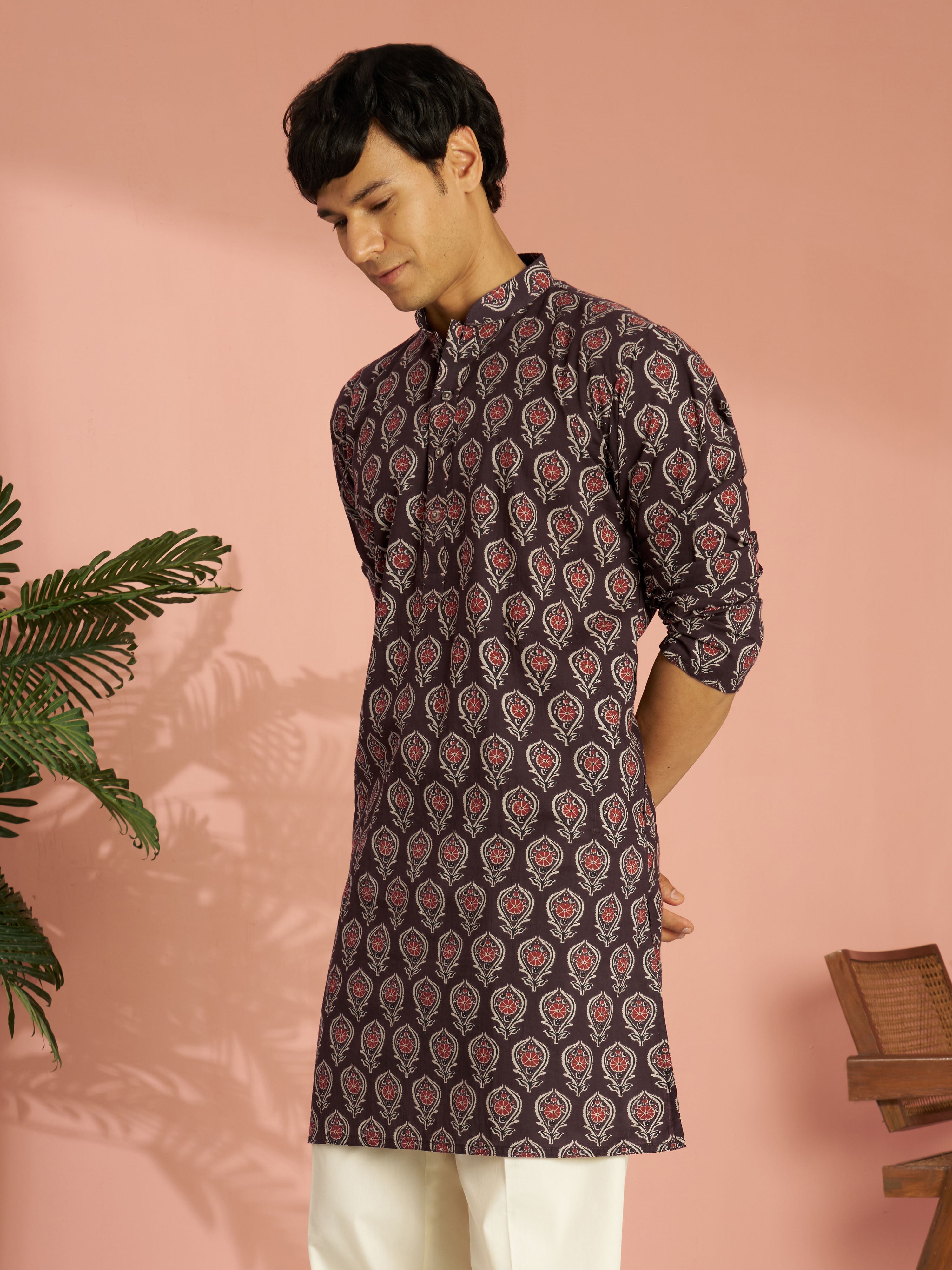 Men's Coffee Brown Cotton Ethnic Motif Printed Mid-Length Kurta