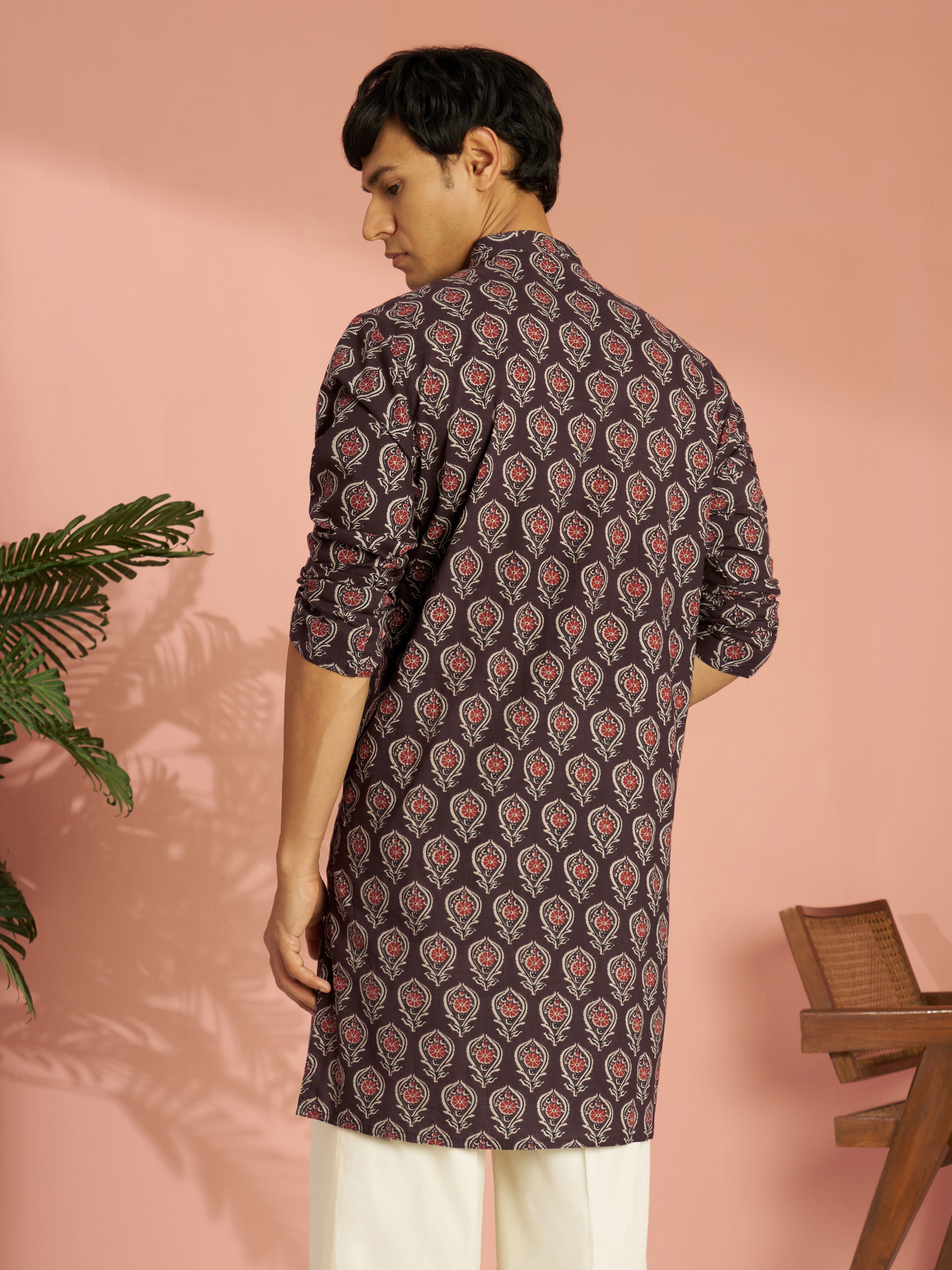 Men's Coffee Brown Cotton Ethnic Motif Printed Mid-Length Kurta