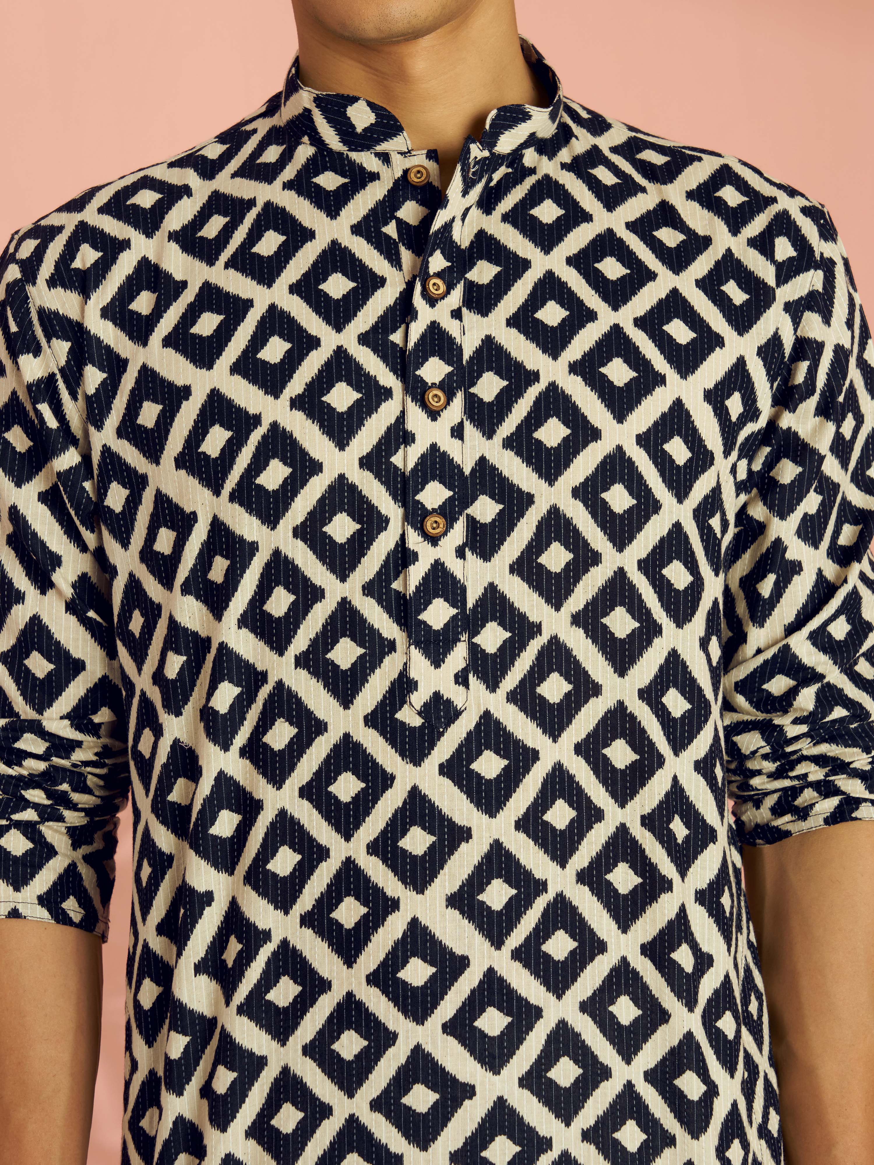 Men's Black Cotton Geometric Printed & Embroidered Kurta with White Pyjama Set