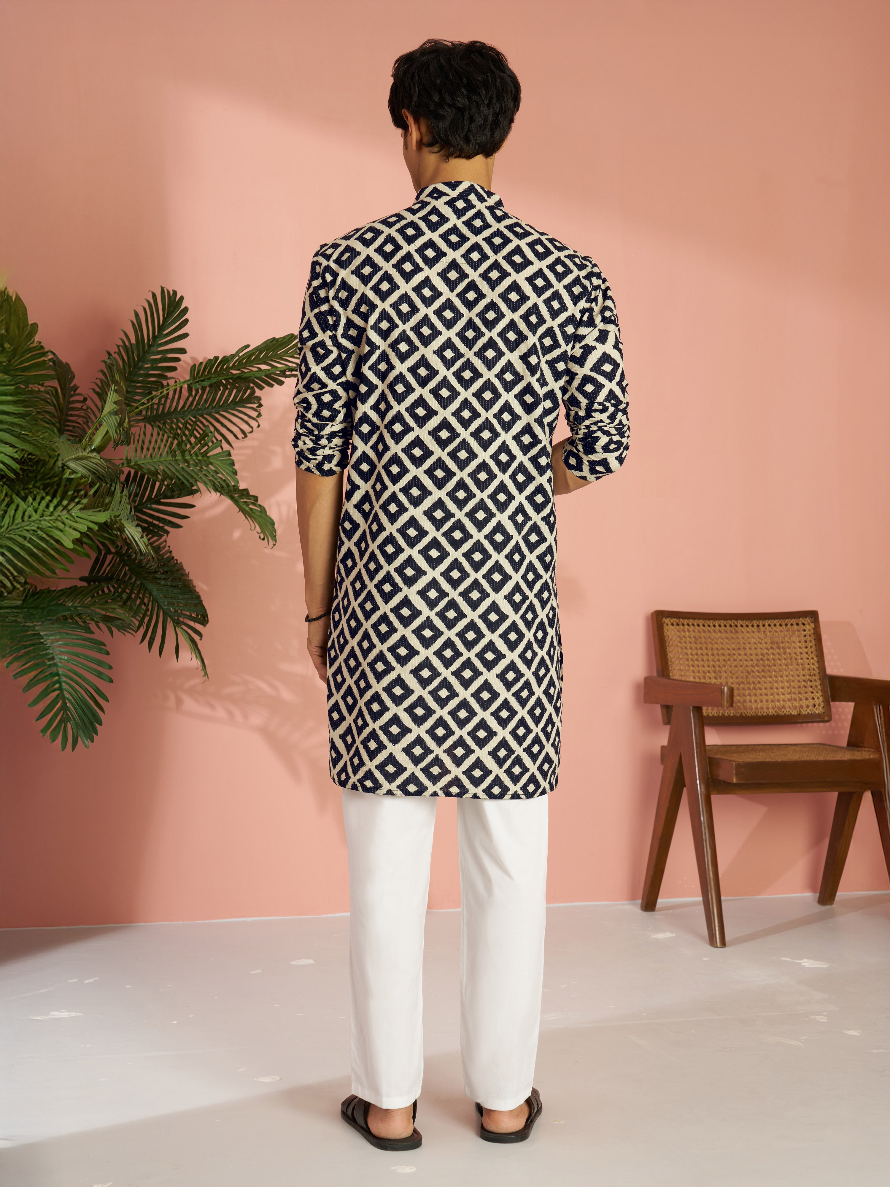 Men's Black Cotton Geometric Printed & Embroidered Kurta with White Pyjama Set