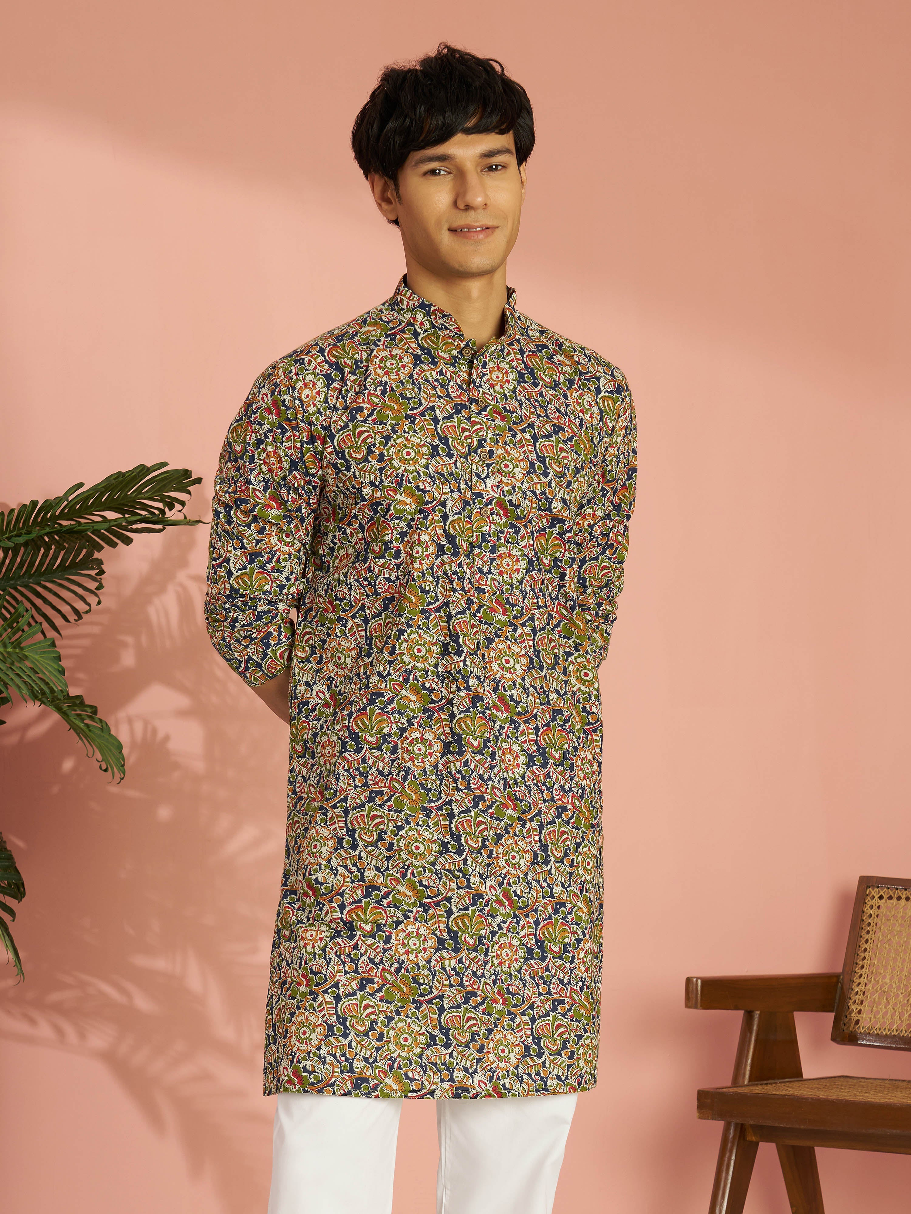 Men's Multicolour Cotton Floral Printed Mid-Length Kurta